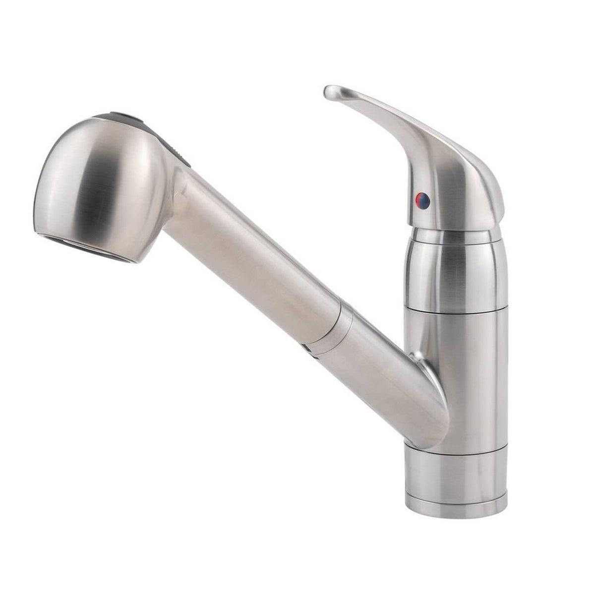 Stainless steel 1-handle kitchen faucet with curved spout and round control lever