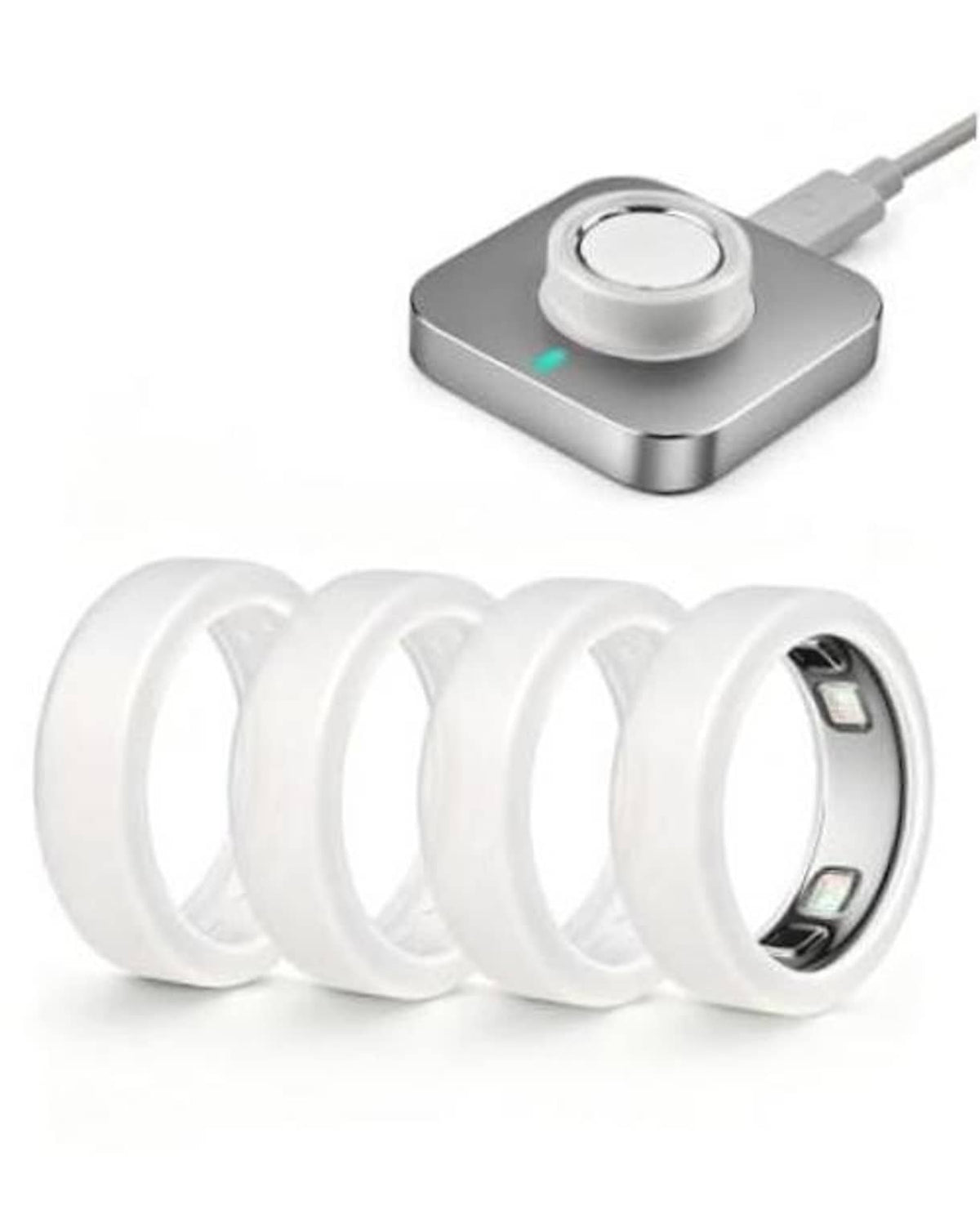 Four white soft silicone ring covers with an opening for the ring sensor