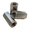 Stainless steel coupling nuts, two-piece hex with internal threads, 3/8-16