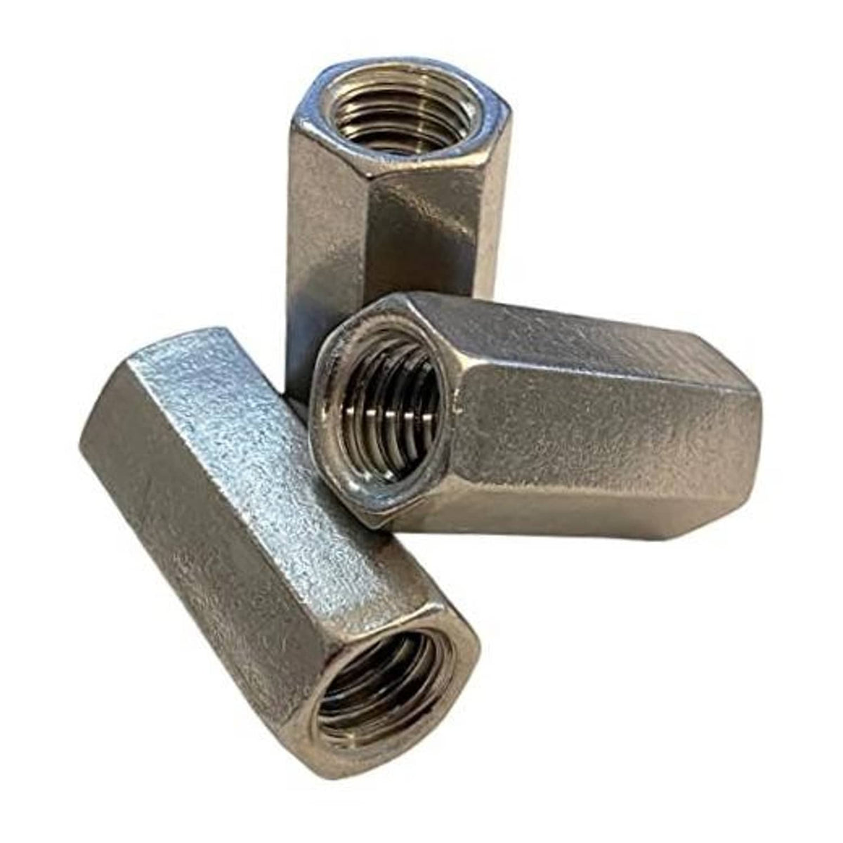 Stainless steel coupling nuts, two-piece hex with internal threads, 3/8-16