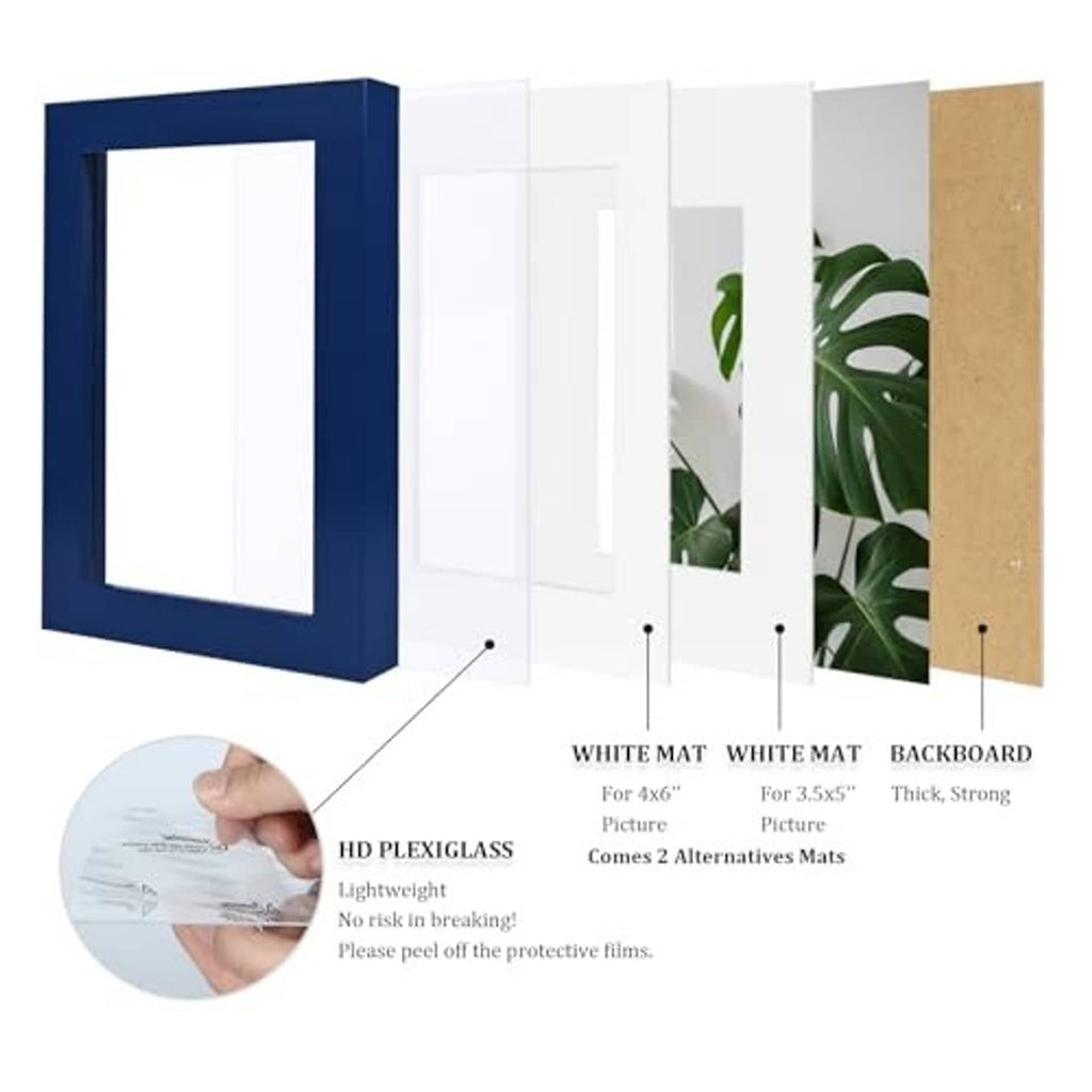 Navy 5x7 photo frame components: HD plexiglass, white mat options, backboard