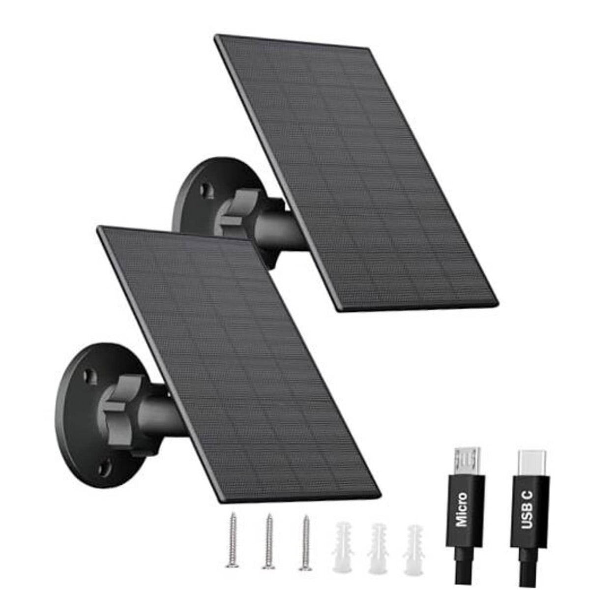 Black dual solar panel kit with wall mounts and cables for outdoor security cameras