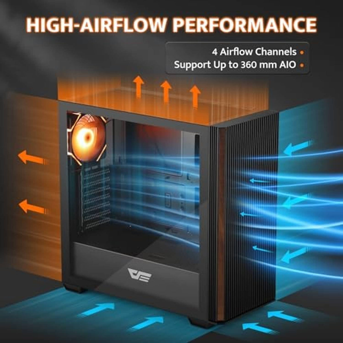 ATX PC case with airflow arrows indicating ventilation through side and front