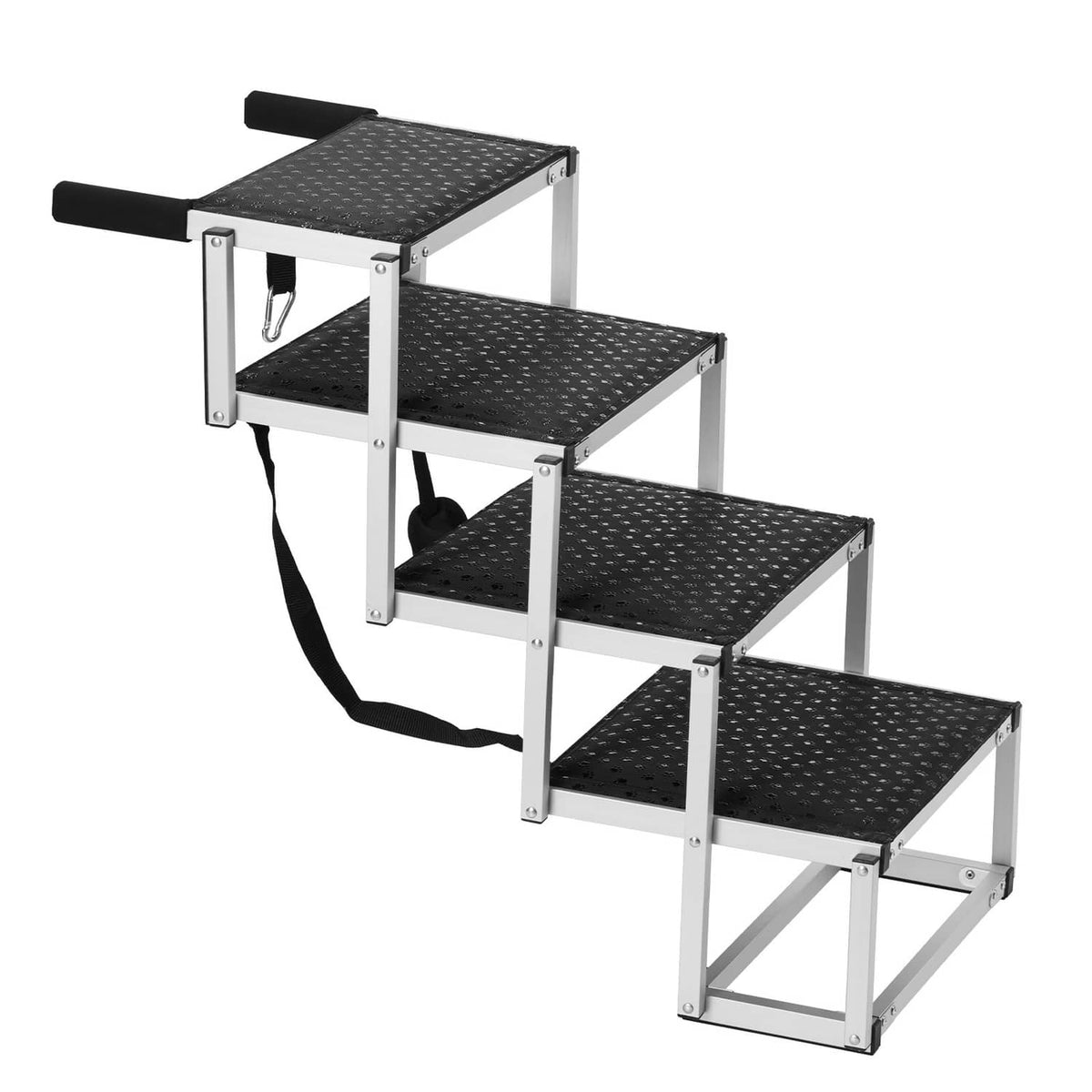 4-step folding dog stairs with aluminum frame, black textured treads, carrying straps