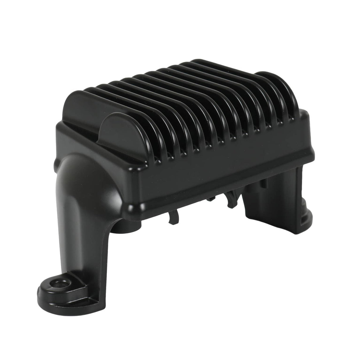 Black voltage regulator rectifier with cooling fins and mounting bracket