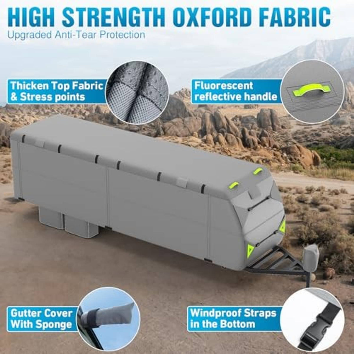 Gray RV cover in heavy oxford fabric with reinforced top and bottom windproof straps.