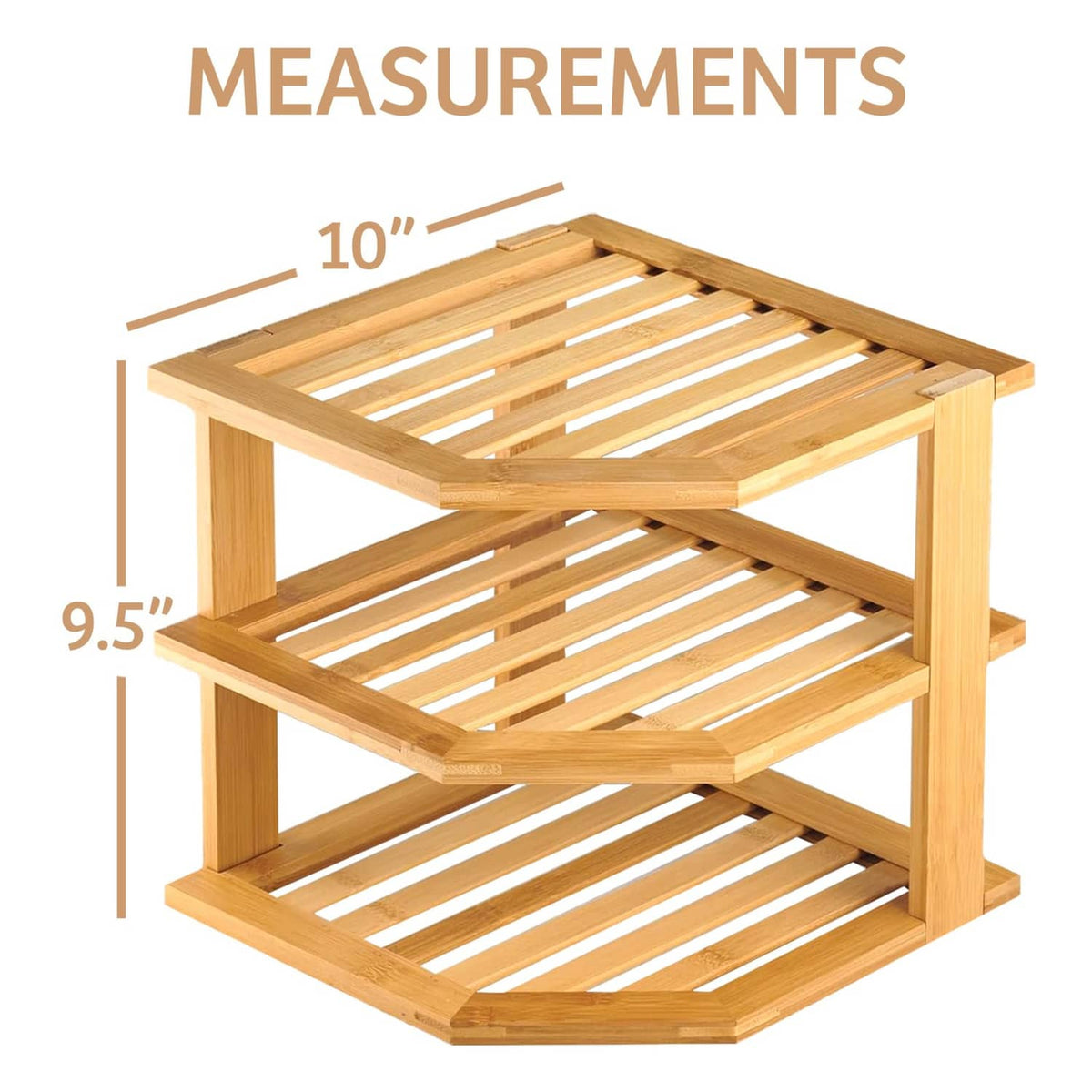 Natural bamboo corner 3-tier shelf organizer with measurements shown