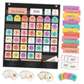 Boho educational calendar pocket chart with colorful month and weekday cards, black frame