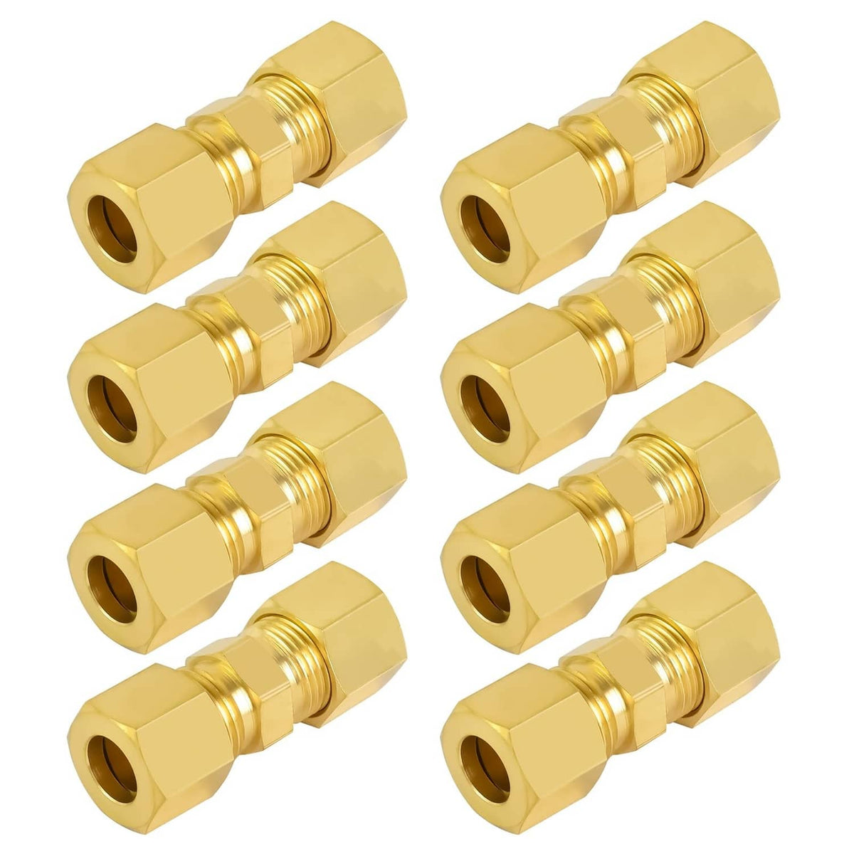 Brass compression fitting set with straight couplers and threaded hex ends