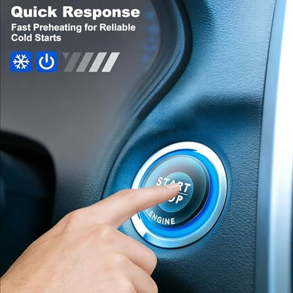 Hand pressing a car engine start button on a textured dashboard panel