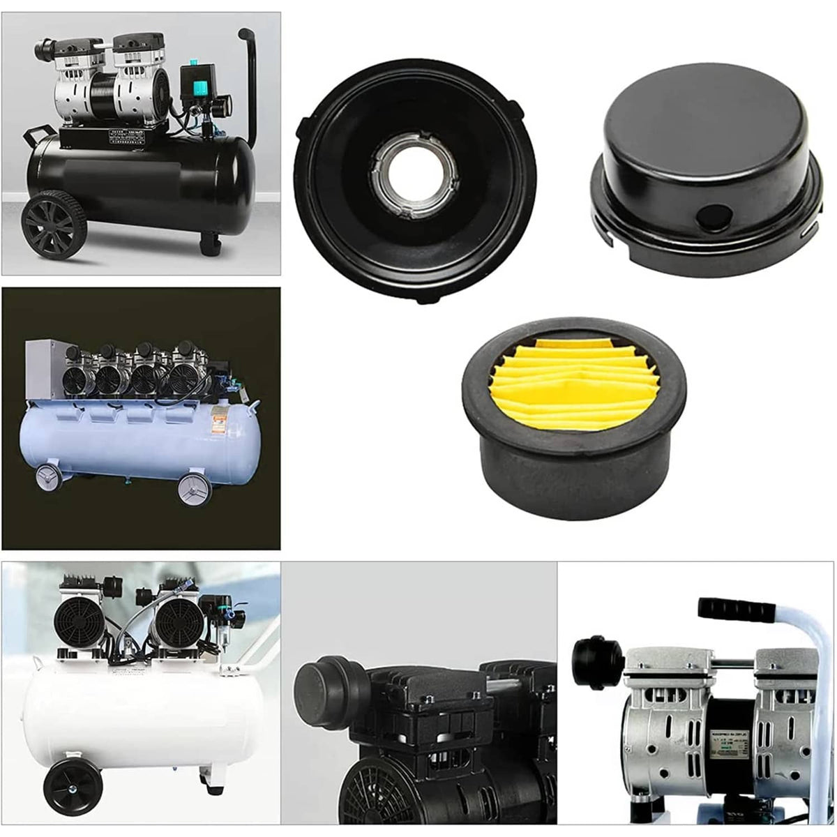 Air compressor silencer filter set with yellow pleated inserts and black housings