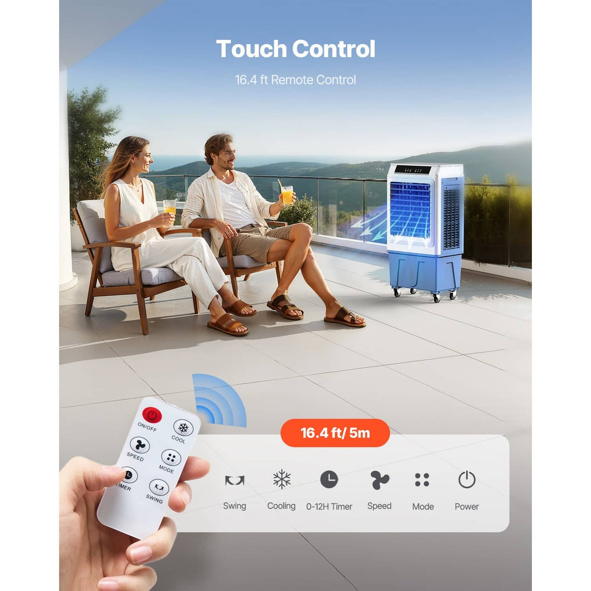 White and blue evaporative cooler with touchscreen-style control panel and remote