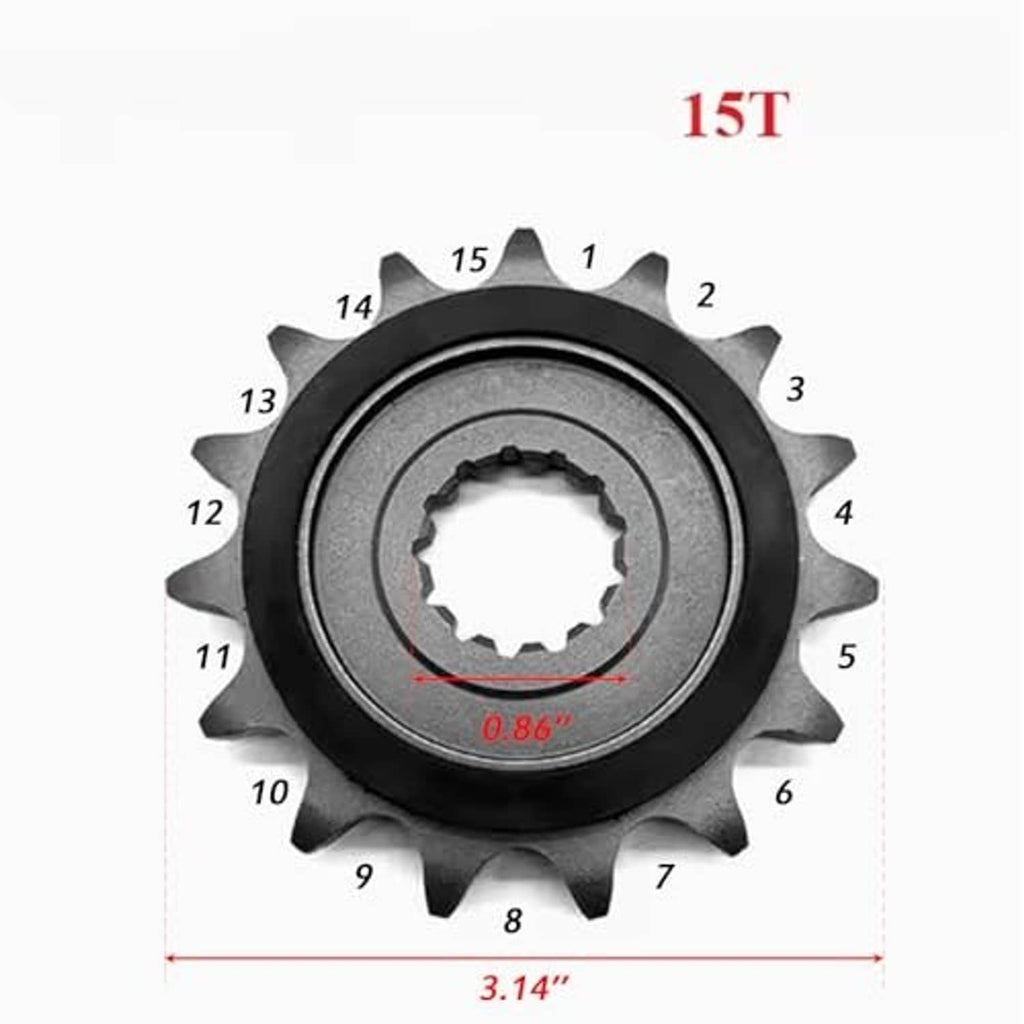 15T motorcycle front sprocket diagram with inner spline, dark steel