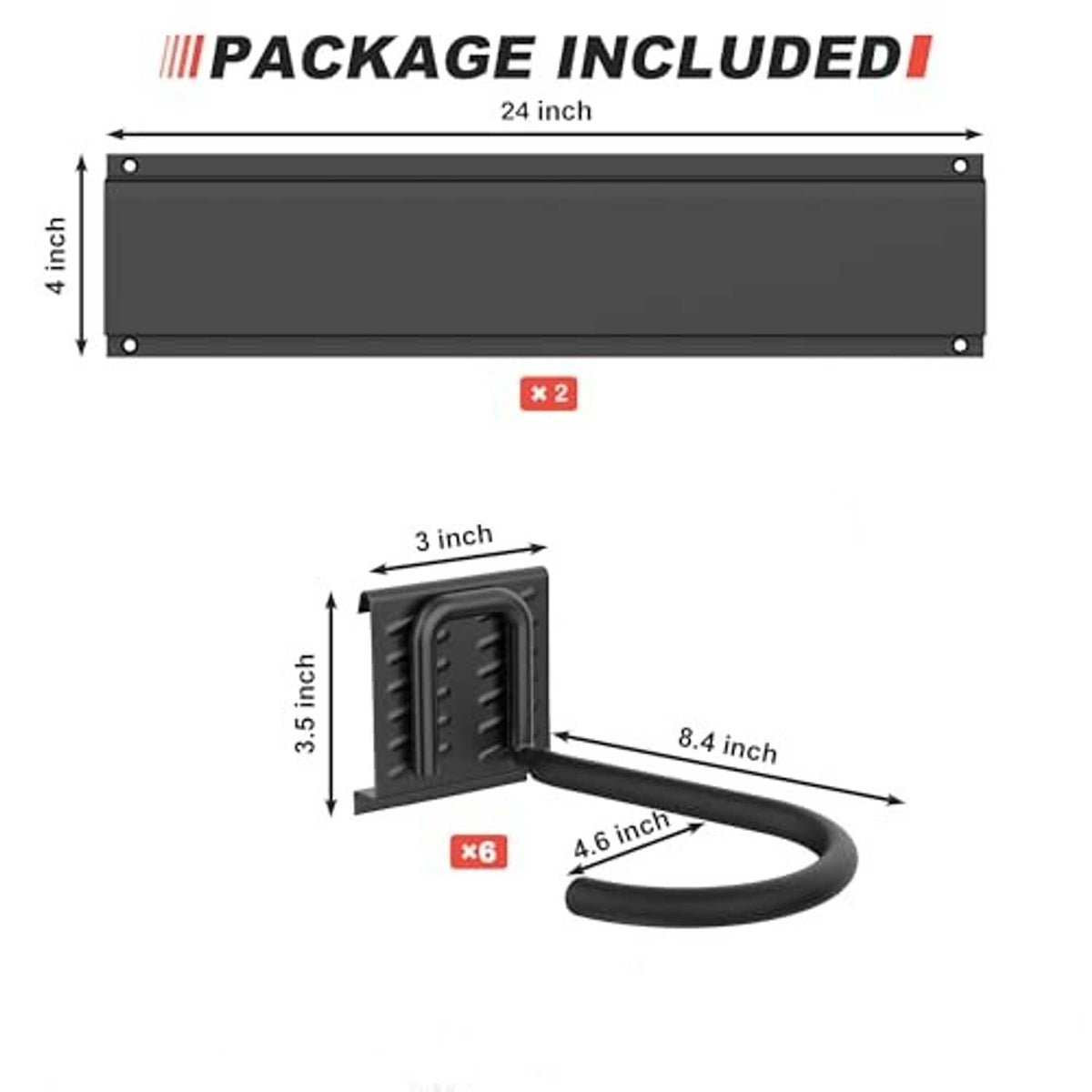 Bike storage rack hardware: long panel and six U-shaped rubber hooks