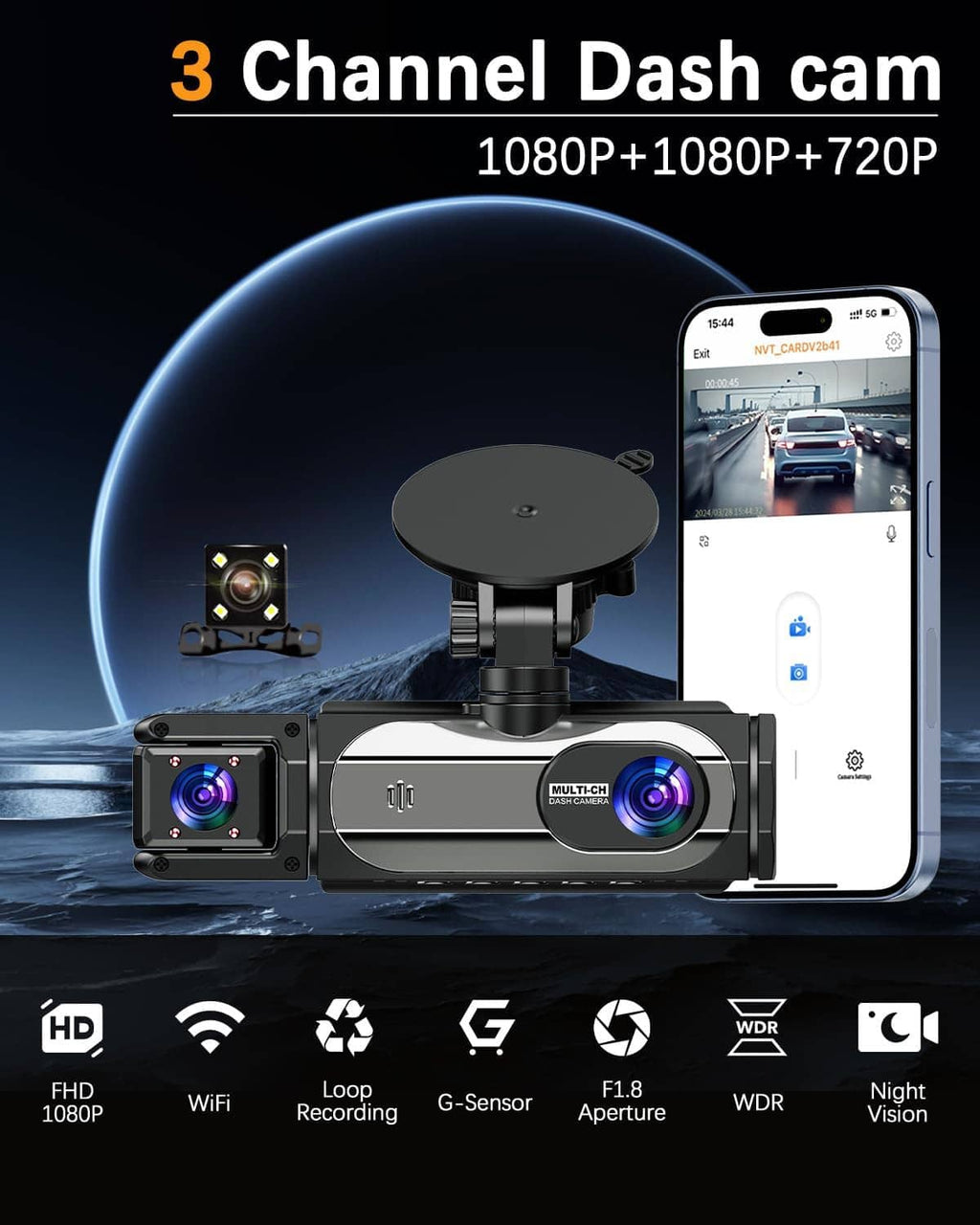 3-channel dash cam with front and rear cameras plus smartphone live-view screen