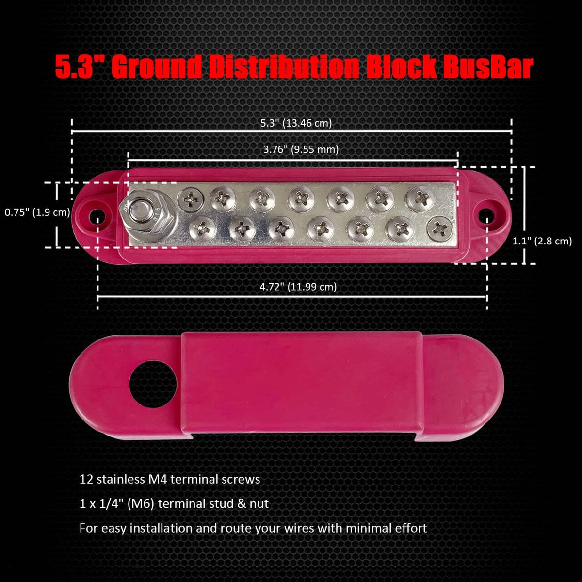 Red ground distribution block bus bar with metal stud terminals and wire openings