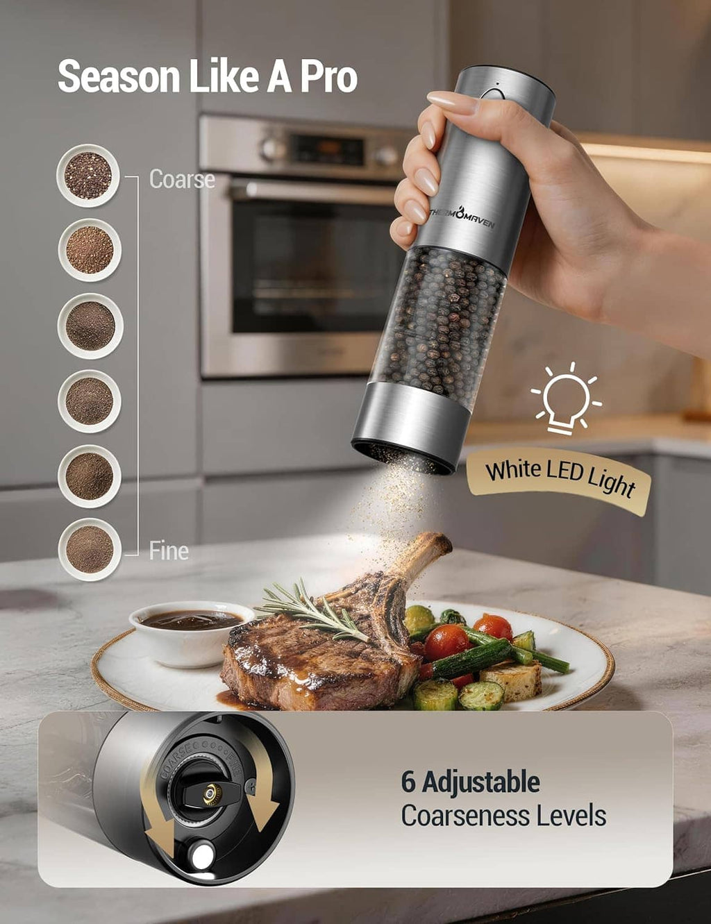 Handheld stainless THERMOMAVEN electric salt and pepper grinder with coarse grind setting