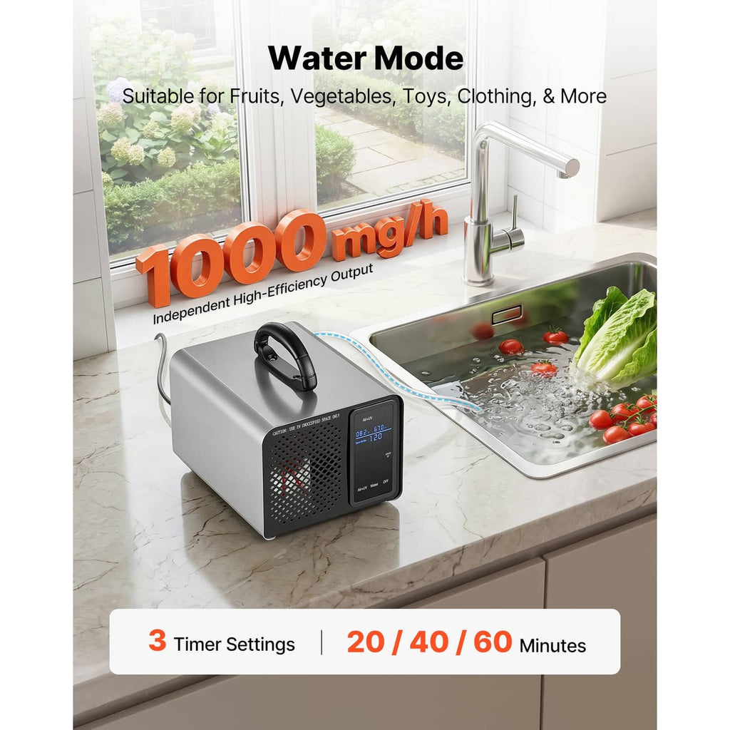 Ozone generator near kitchen sink with water mode and timer settings