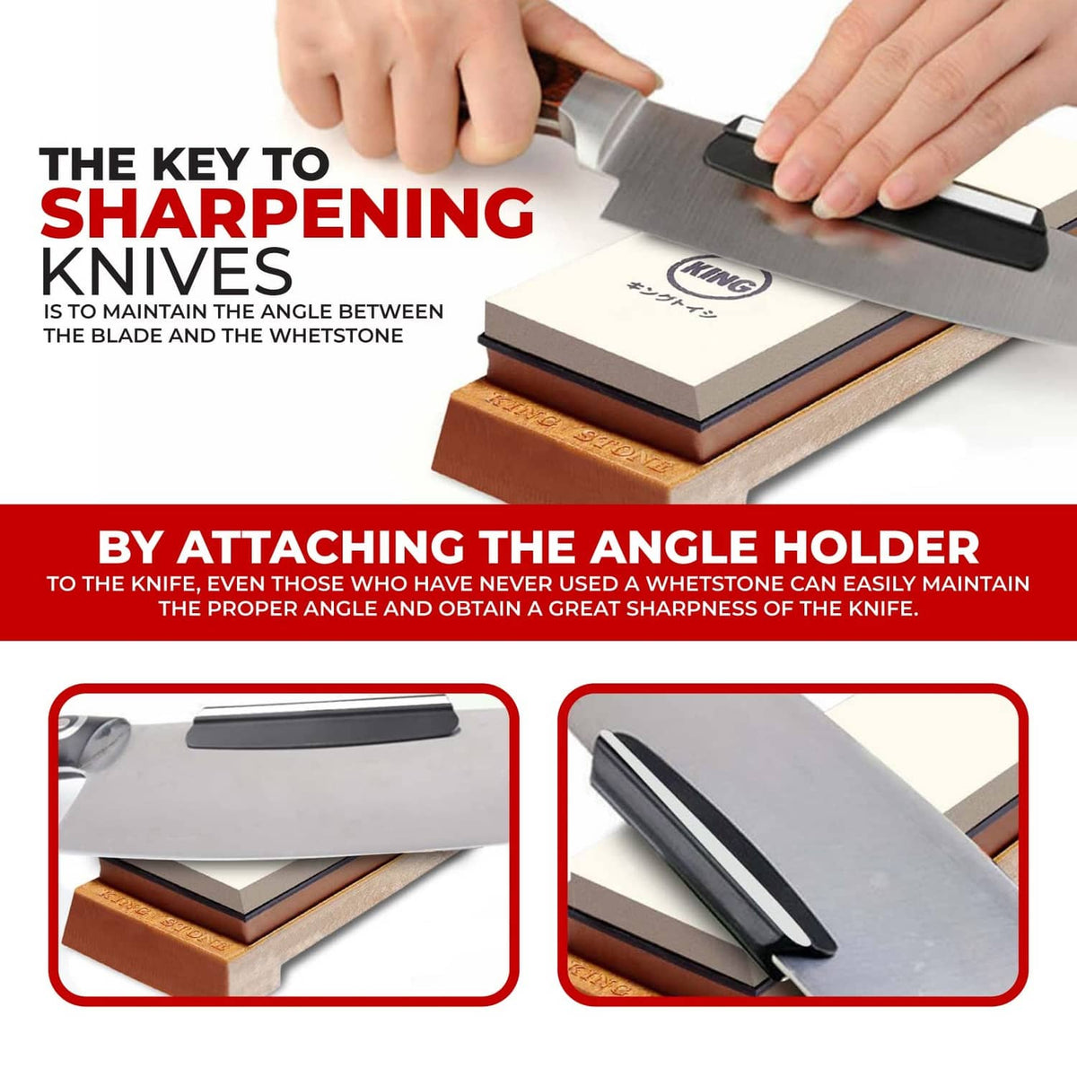 Whetstone sharpening kit with knife on angle holder atop brown whetstone