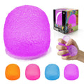 Purple textured foam squishy stress ball with four color options shown below