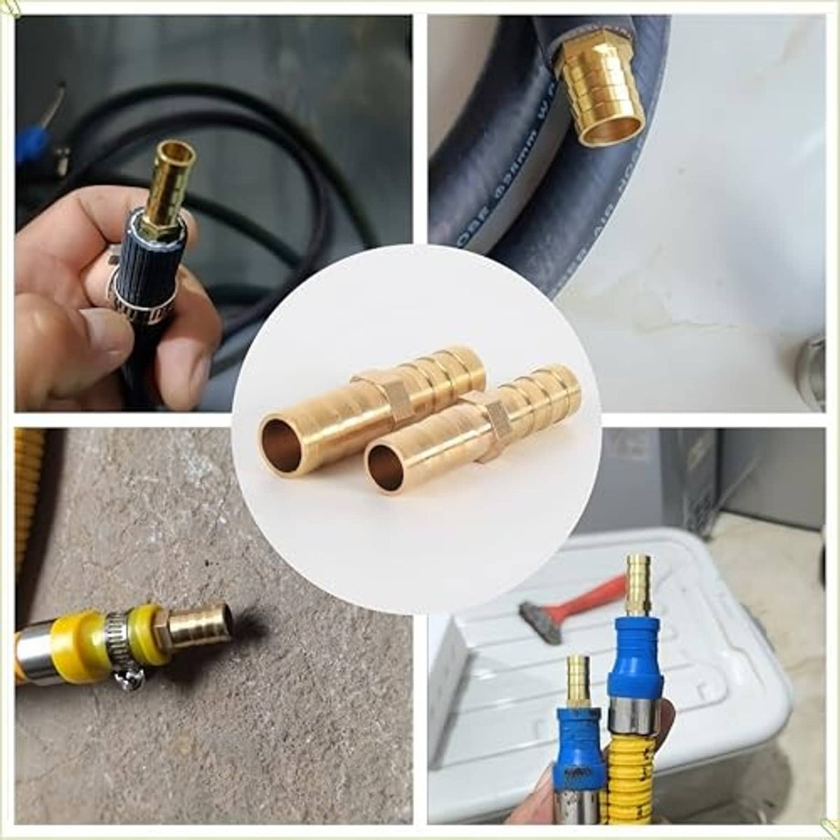 Brass hose barb fitting kit with worm-gear clamps for connecting hoses securely