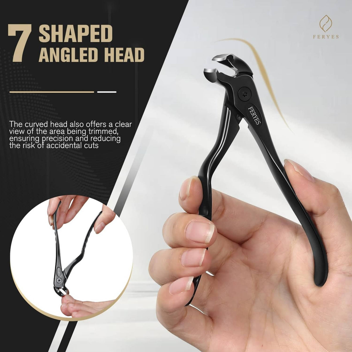 Black nail clippers with 7-shaped angled head and non-slip handle grips