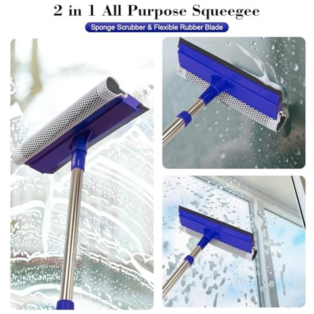 2-in-1 window squeegee with blue sponge scrubber and flexible rubber squeegee blade