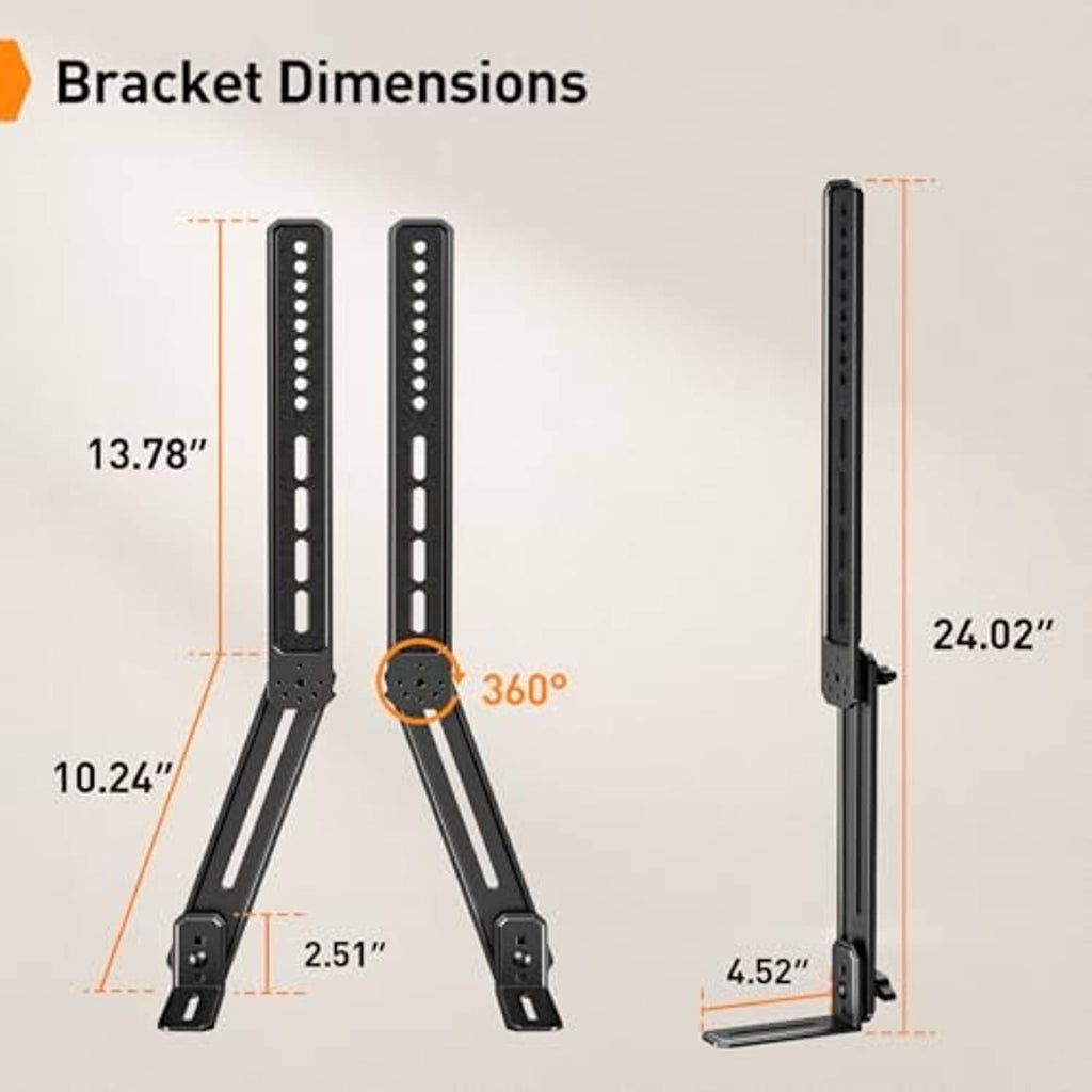 Adjustable soundbar mount bracket with dual rails and foldable V arms
