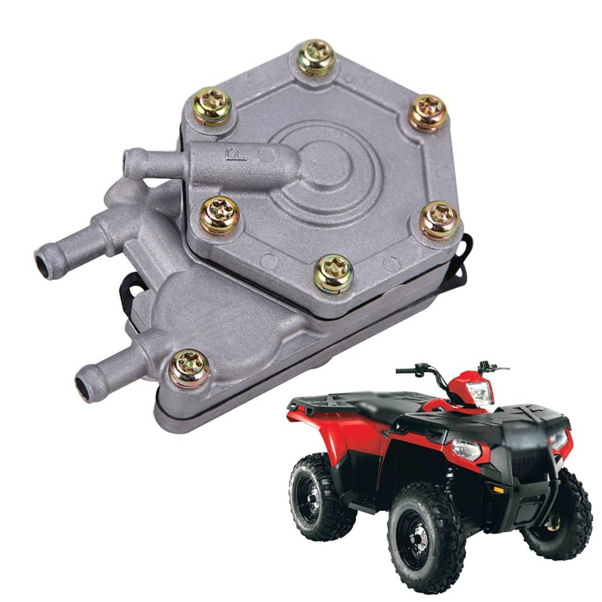 Metal fuel pump with two hose ports and gold screw heads on a compact housing