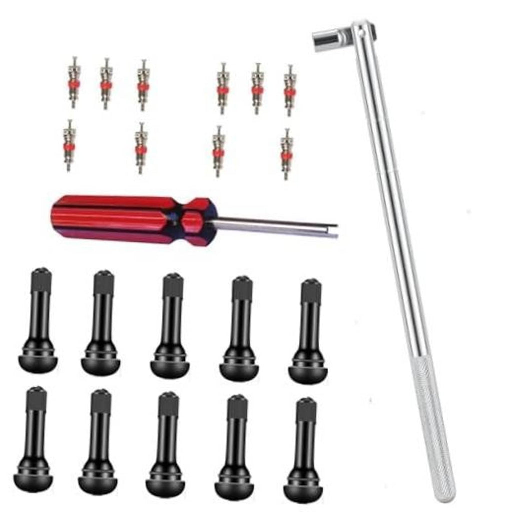 Valve stem puller toolkit with red handle tool, long rod, and 10 black valve stems