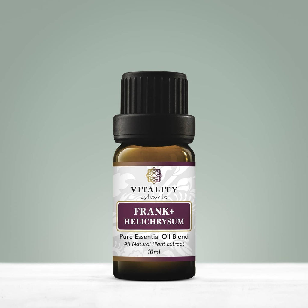 Frank+ Helichrysum pure essential oil blend bottle with black cap and label front.