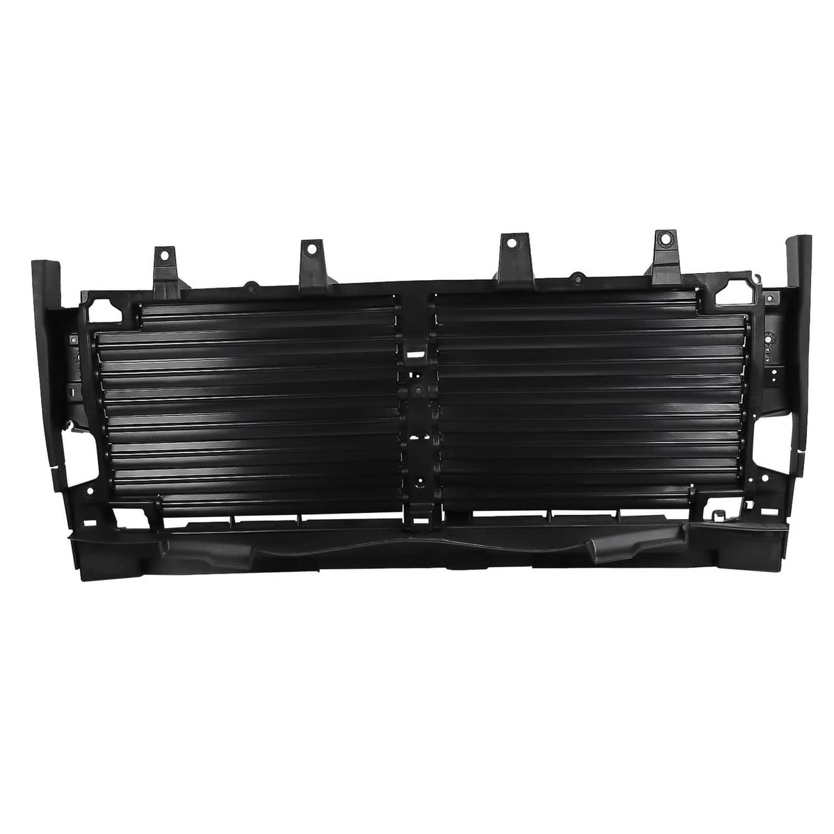 Black active grille shutter assembly with horizontal slats and mounting brackets