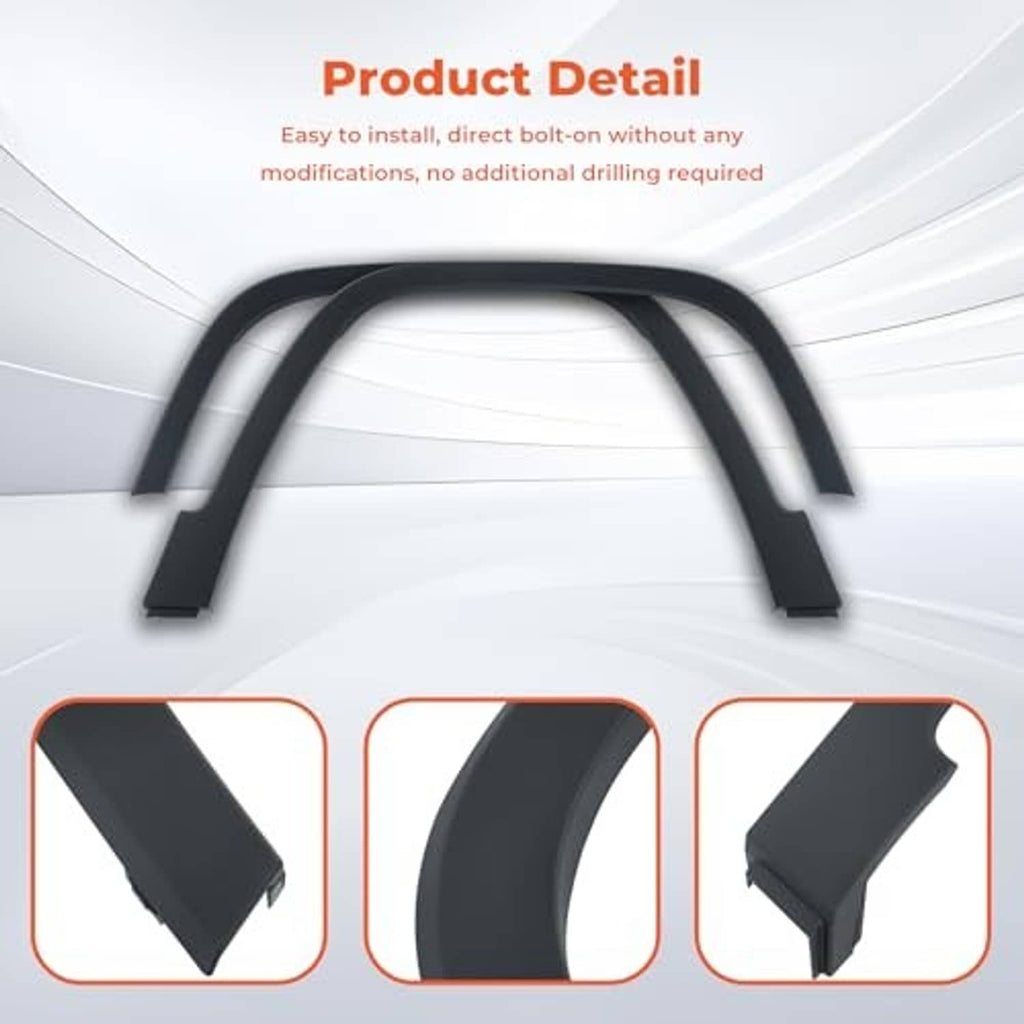Black front fender flares with curved profile and side clip tabs, replacement set