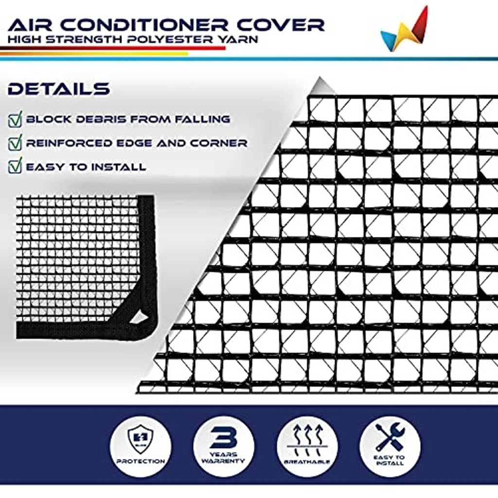 Black mesh air conditioner cover corner close-up with reinforced edge and grid pattern
