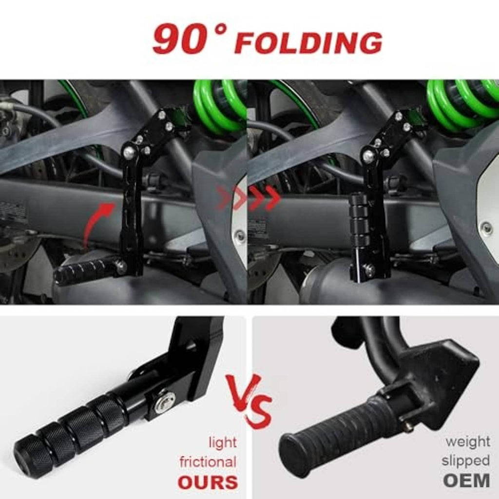 Black folding highway foot pegs with knurled pivot and bolts