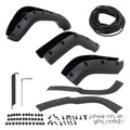 Set of black front and rear fender flare extensions with mounting hardware pieces
