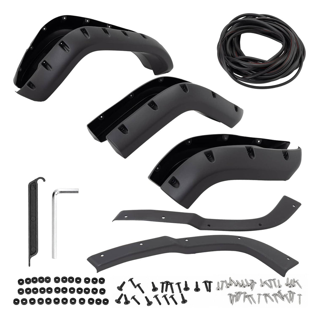 Set of black front and rear fender flare extensions with mounting hardware pieces