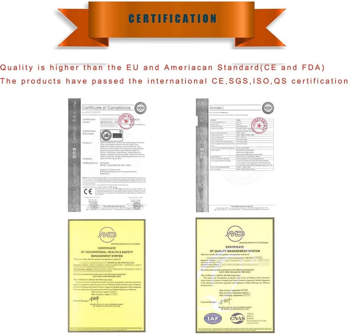 Certification document set for lead x-ray protective apron compliance and passes.