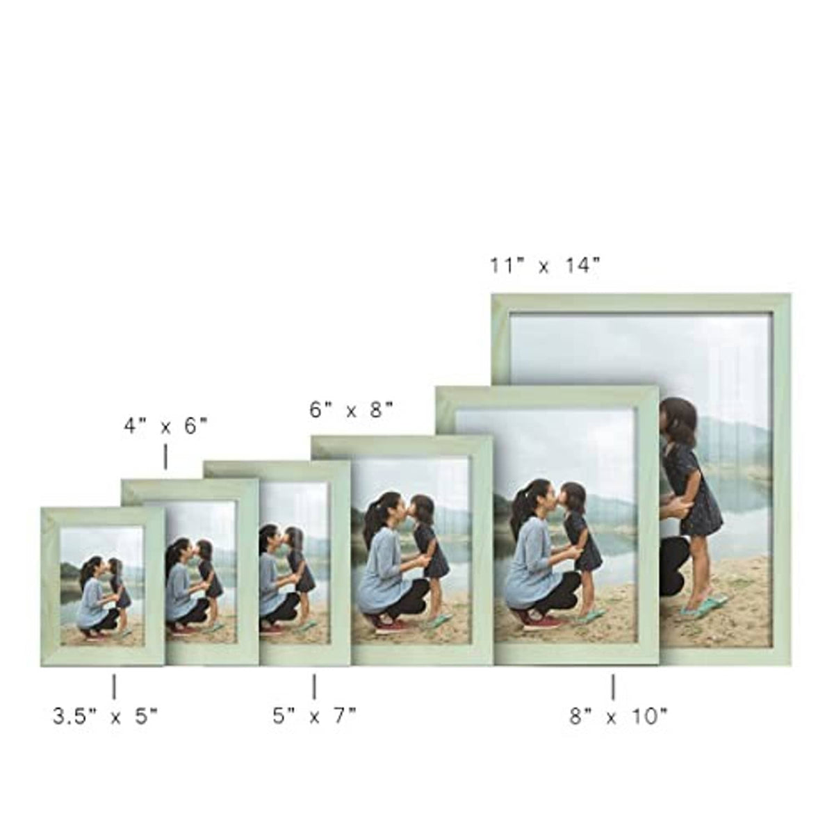Seafoam green 4x6 picture frame among matching photo sizes