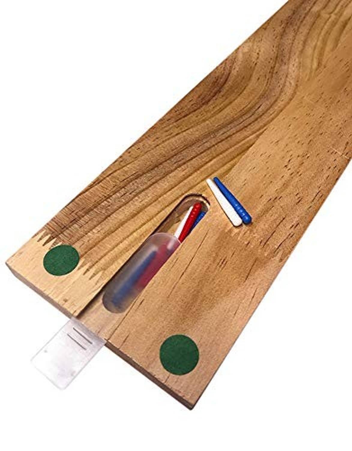 Wooden cribbage board with two colored pegs in track and green end markers