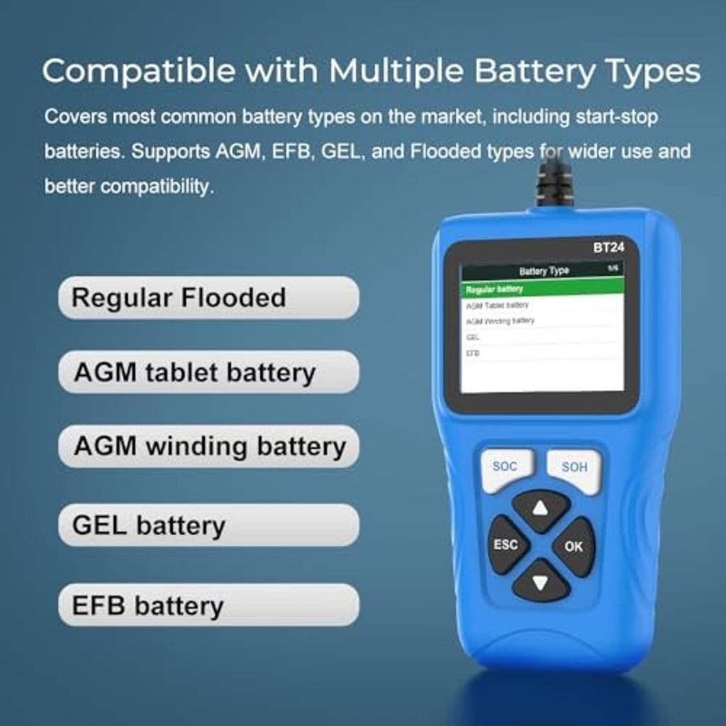 Blue VEEPEAK BT24 battery tester displaying battery type list on LCD