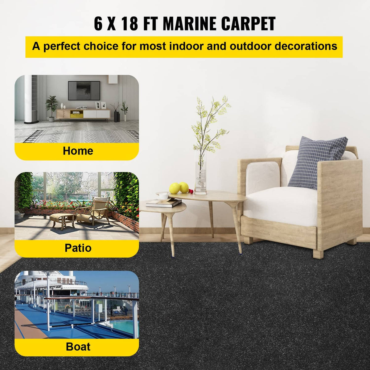 Black marine carpet mat, 6 x 18 ft, cut pile texture on roll