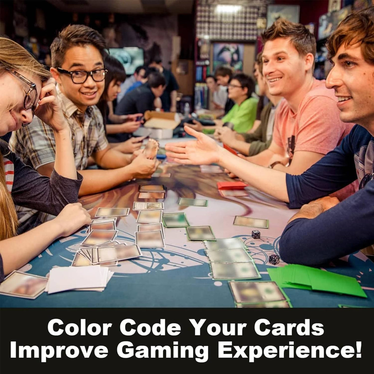 Tabletop game with sleeved trading cards; clear fronts and matte opaque backs