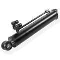 Hydraulic bucket tilt cylinder, black steel body with mounting brackets and ports