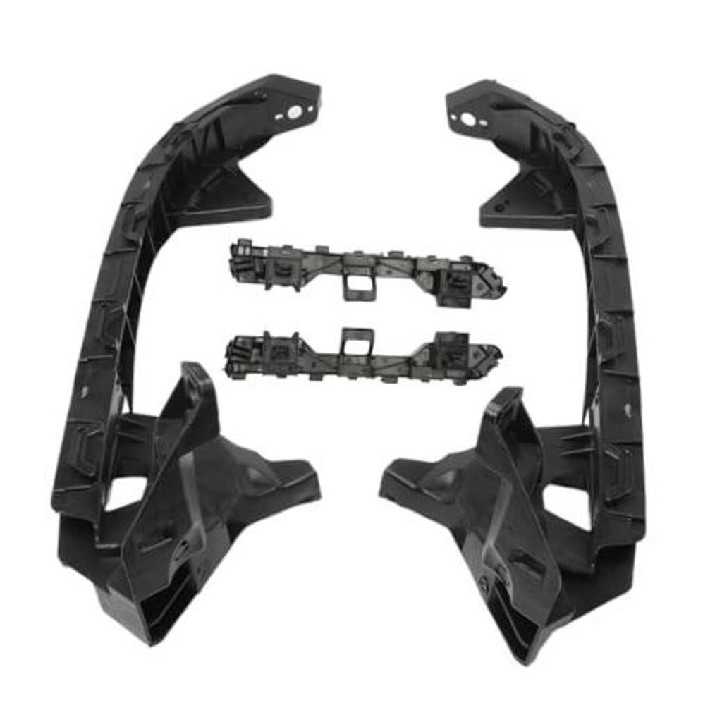 Front bumper bracket mount support retainer kit, black plastic brackets with mounting hardware