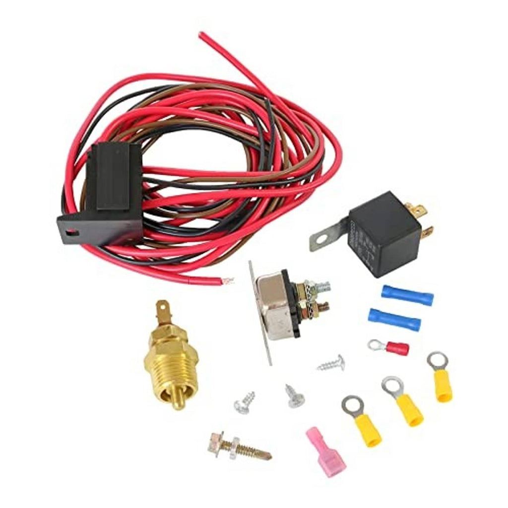 Electric fan thermostat kit with red wire harness, gold sensor probe, and spade terminals