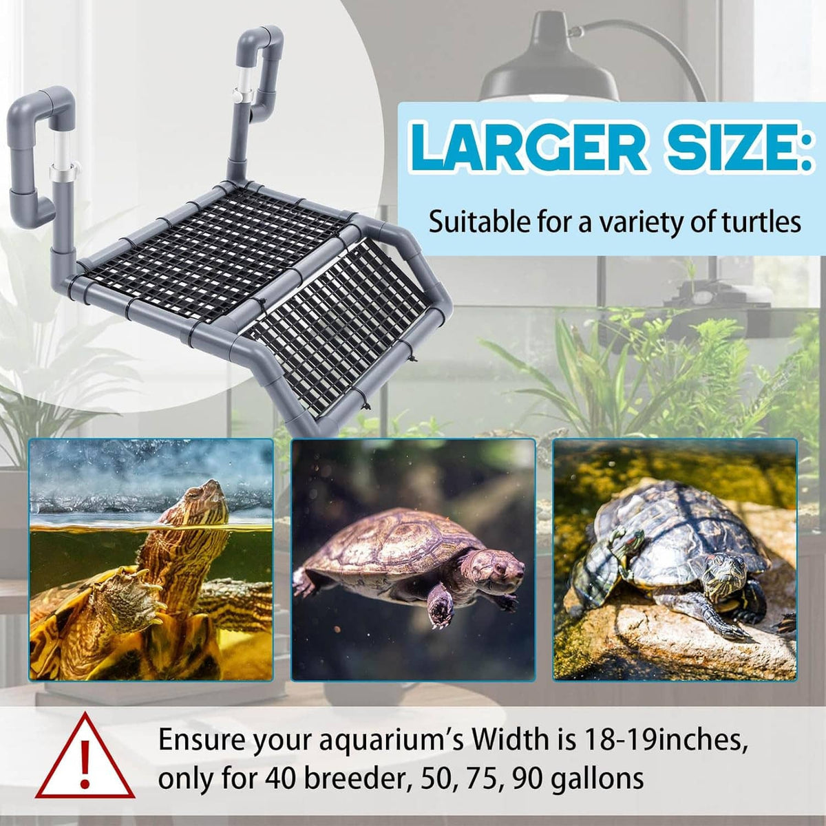 Large turtle basking platform with black mesh surface and raised, hooked side rails