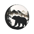 Bear and mountain printed round tire cover, black border and white face