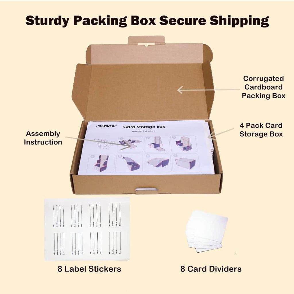 Card storage box kit in corrugated package, includes dividers and label stickers
