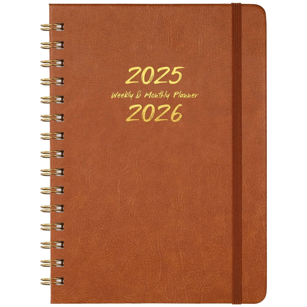 Brown twin-wire 2025–2026 weekly and monthly planner with gold-stamped cover.